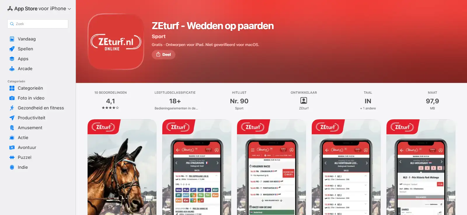 Actuele Nederlandse App Store-listing van de officiële ZEturf app voor wedden op paarden