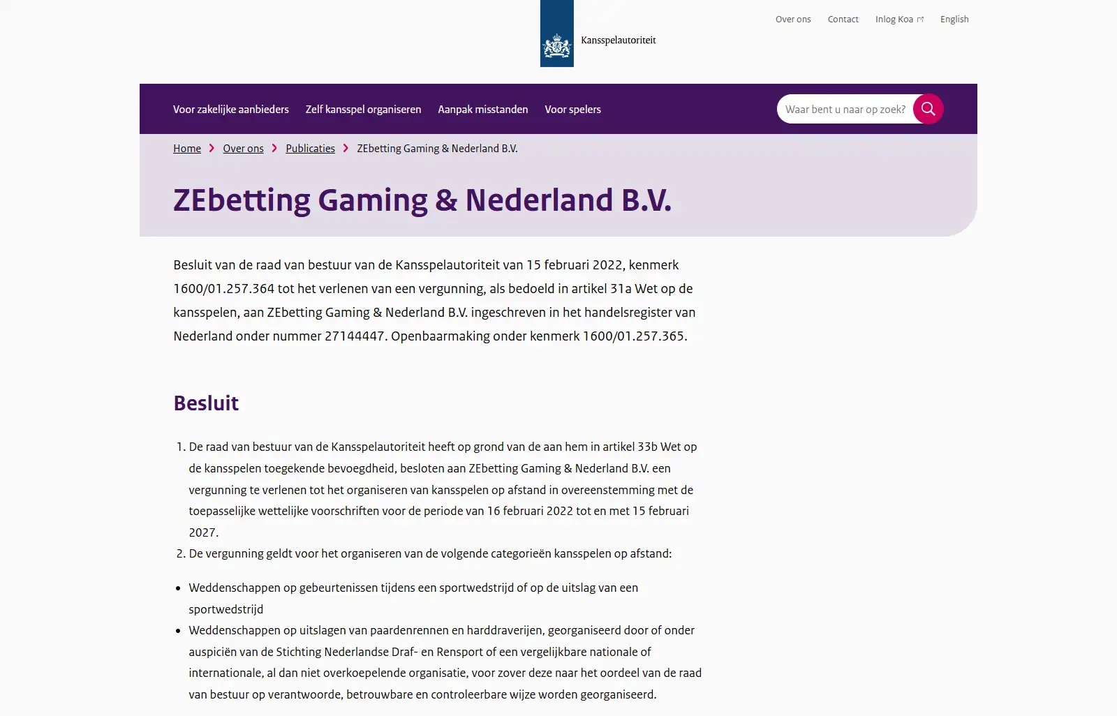 Kansspelautoriteit besluitpagina voor ZEbetting Gaming en Nederland B.V. met Nederlandse vergunning