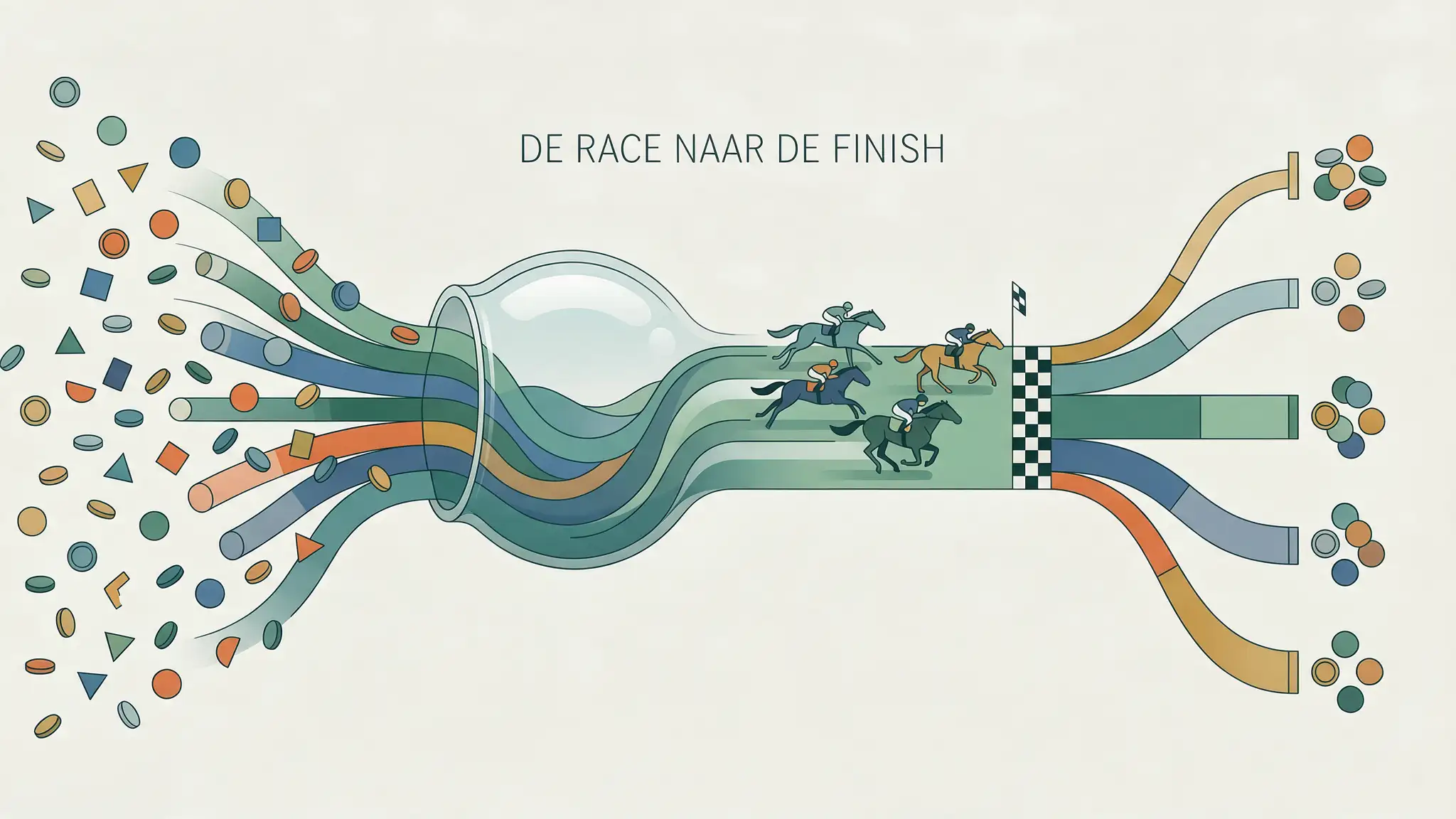 Redactionele illustratie van meerdere inzetten die samenkomen in een pool en na een paardenrace worden verdeeld