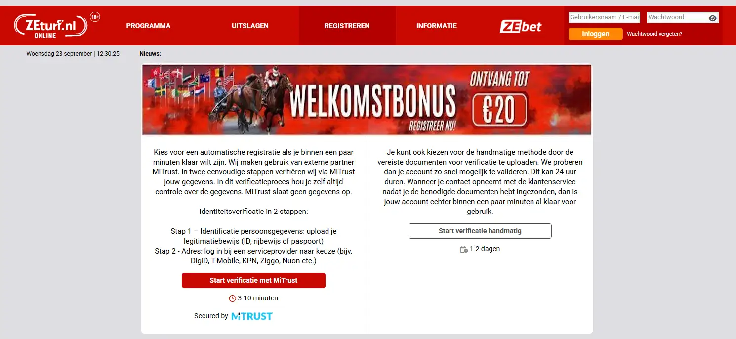 Actuele ZEturf registratiepagina met keuze voor MiTrust en handmatige identiteitsverificatie
