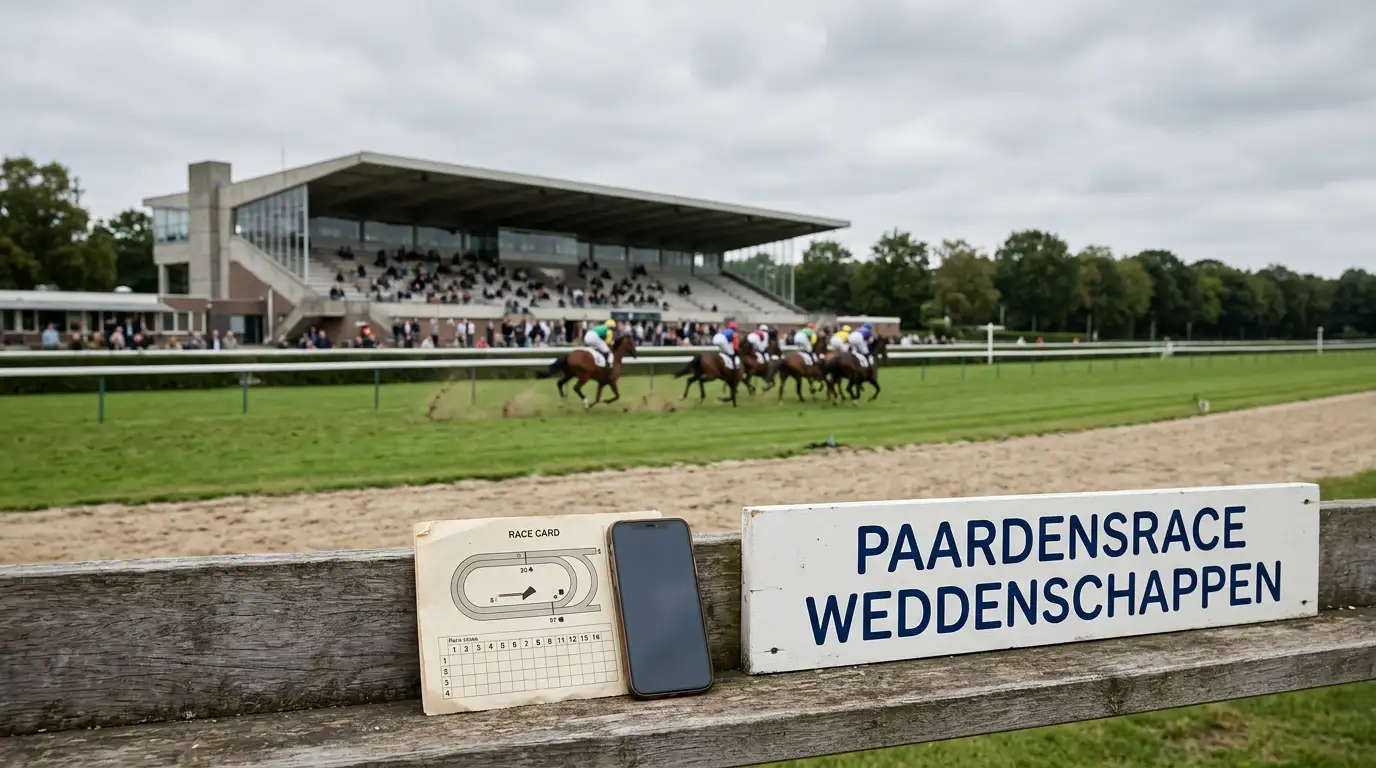 Redactionele illustratie van een Nederlandse paardenrenbaan met racekaart en mobiele weddenschapscontext
