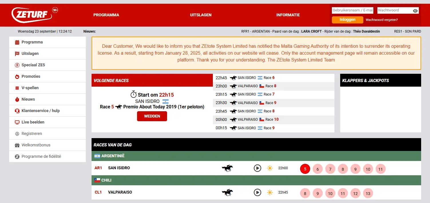 Echte screenshot van de actuele ZEturf Nederland race-interface met paardenwedstrijden en raceprogramma